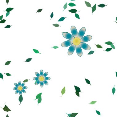 basit renkli çiçekleri olan serbest kompozisyon ve duvar kağıdı için yeşil yapraklar, vektör illüstrasyonu