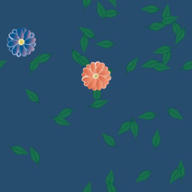 basit renkli çiçekleri olan serbest kompozisyon ve duvar kağıdı için yeşil yapraklar, vektör illüstrasyonu