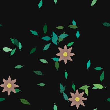 basit renkli çiçekleri olan serbest kompozisyon ve duvar kağıdı için yeşil yapraklar, vektör illüstrasyonu