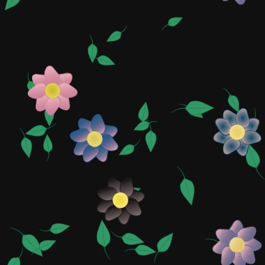 Serbest kompozisyonda yeşil yapraklı basit çiçekler, vektör illüstrasyonu