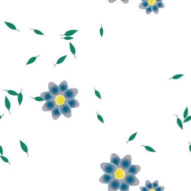 Serbest kompozisyonda yeşil yapraklı basit çiçekler, vektör illüstrasyonu