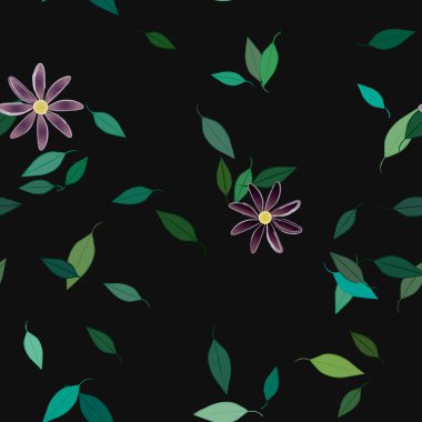 basit renkli çiçekleri olan serbest kompozisyon ve duvar kağıdı için yeşil yapraklar, vektör illüstrasyonu