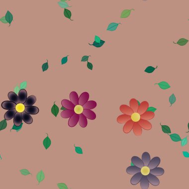 Serbest kompozisyonda yeşil yapraklı basit çiçekler, vektör illüstrasyonu