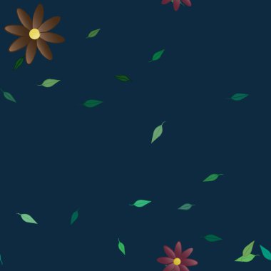 Serbest kompozisyonda yeşil yapraklı basit çiçekler, vektör illüstrasyonu