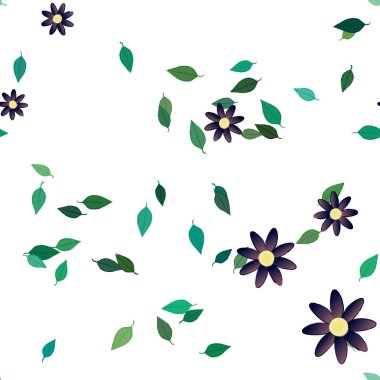 Serbest kompozisyonda yeşil yapraklı basit çiçekler, vektör illüstrasyonu