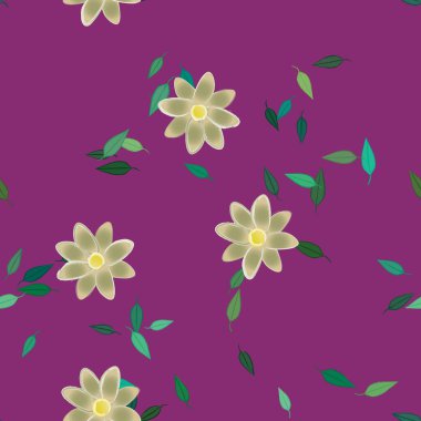 Serbest kompozisyonda yeşil yapraklı basit çiçekler, vektör illüstrasyonu