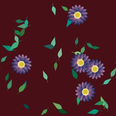 basit renkli çiçekleri olan serbest kompozisyon ve duvar kağıdı için yeşil yapraklar, vektör illüstrasyonu