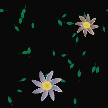 basit renkli çiçekleri olan serbest kompozisyon ve duvar kağıdı için yeşil yapraklar, vektör illüstrasyonu