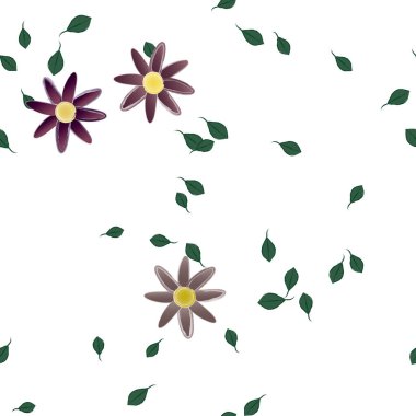 Serbest kompozisyonda yeşil yapraklı basit çiçekler, vektör illüstrasyonu