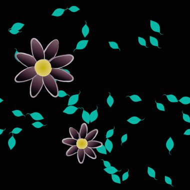 basit renkli çiçekleri olan serbest kompozisyon ve duvar kağıdı için yeşil yapraklar, vektör illüstrasyonu