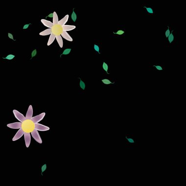 basit renkli çiçekleri olan serbest kompozisyon ve duvar kağıdı için yeşil yapraklar, vektör illüstrasyonu