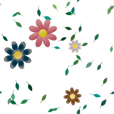 basit renkli çiçekleri olan serbest kompozisyon ve duvar kağıdı için yeşil yapraklar, vektör illüstrasyonu