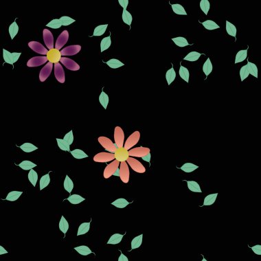 basit renkli çiçekleri olan serbest kompozisyon ve duvar kağıdı için yeşil yapraklar, vektör illüstrasyonu