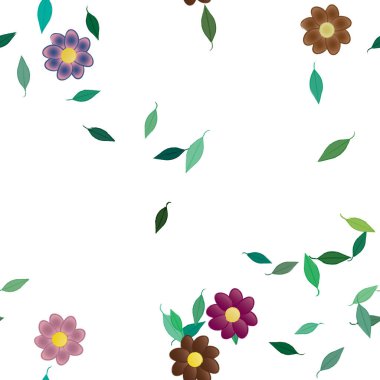 Serbest kompozisyonda yeşil yapraklı basit çiçekler, vektör illüstrasyonu