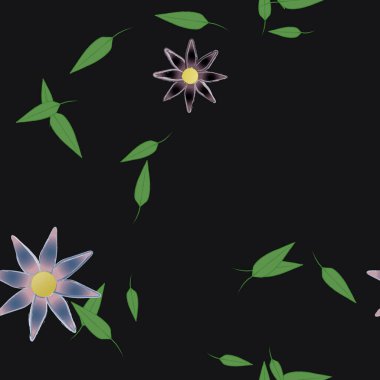 Serbest kompozisyonda yeşil yapraklı basit çiçekler, vektör illüstrasyonu