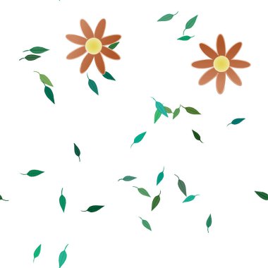 Serbest kompozisyonda yeşil yapraklı basit çiçekler, vektör illüstrasyonu