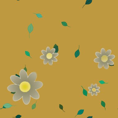 Serbest kompozisyonda yeşil yapraklı basit çiçekler, vektör illüstrasyonu