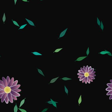 Serbest kompozisyonda yeşil yapraklı basit çiçekler, vektör illüstrasyonu