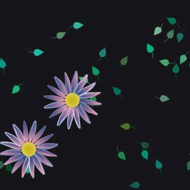 Serbest kompozisyonda yeşil yapraklı basit çiçekler, vektör illüstrasyonu