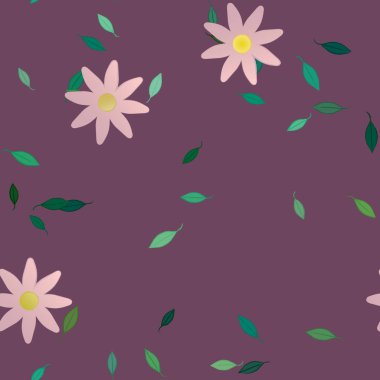 Serbest kompozisyonda yeşil yapraklı basit çiçekler, vektör illüstrasyonu