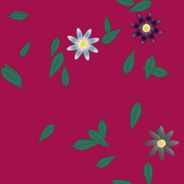 Serbest kompozisyonda yeşil yapraklı basit çiçekler, vektör illüstrasyonu