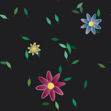 basit renkli çiçekleri olan serbest kompozisyon ve duvar kağıdı için yeşil yapraklar, vektör illüstrasyonu