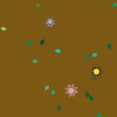 Serbest kompozisyonda yeşil yapraklı basit çiçekler, vektör illüstrasyonu