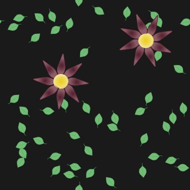 basit renkli çiçekleri olan serbest kompozisyon ve duvar kağıdı için yeşil yapraklar, vektör illüstrasyonu