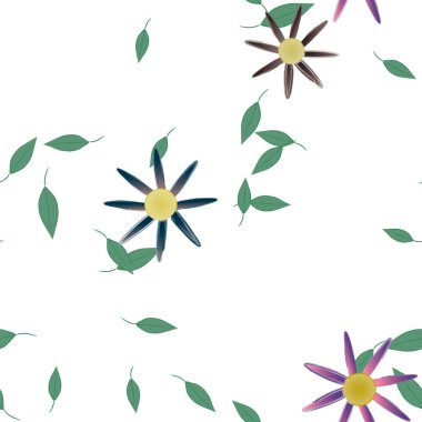 basit renkli çiçekleri olan serbest kompozisyon ve duvar kağıdı için yeşil yapraklar, vektör illüstrasyonu