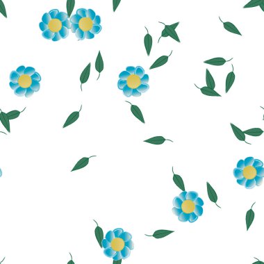 basit renkli çiçekleri olan serbest kompozisyon ve duvar kağıdı için yeşil yapraklar, vektör illüstrasyonu