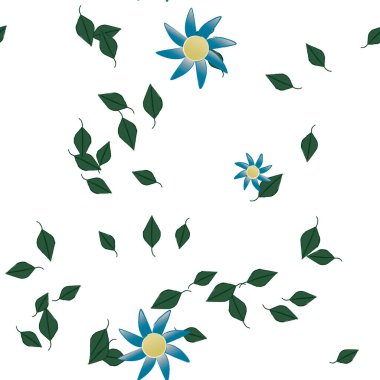 Serbest kompozisyonda yeşil yapraklı basit çiçekler, vektör illüstrasyonu