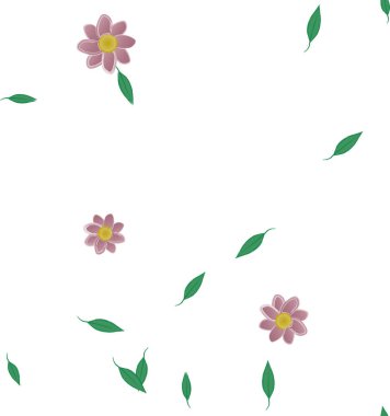 Serbest kompozisyonda yeşil yapraklı basit çiçekler, vektör illüstrasyonu