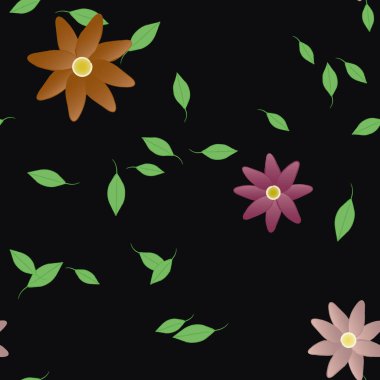 Serbest kompozisyonda yeşil yapraklı basit çiçekler, vektör illüstrasyonu