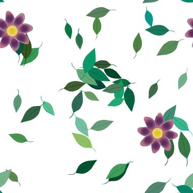 basit renkli çiçekleri olan serbest kompozisyon ve duvar kağıdı için yeşil yapraklar, vektör illüstrasyonu