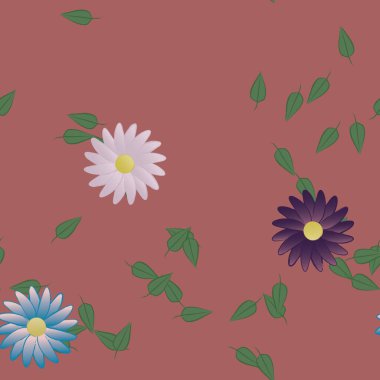 basit renkli çiçekleri olan serbest kompozisyon ve duvar kağıdı için yeşil yapraklar, vektör illüstrasyonu