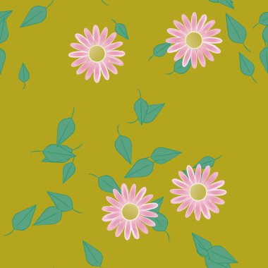 basit renkli çiçekleri olan serbest kompozisyon ve duvar kağıdı için yeşil yapraklar, vektör illüstrasyonu