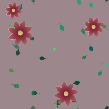 Serbest kompozisyonda yeşil yapraklı basit çiçekler, vektör illüstrasyonu