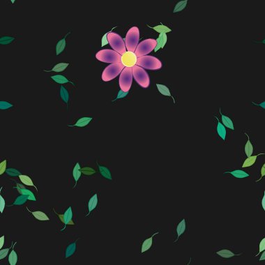 basit renkli çiçekleri olan serbest kompozisyon ve duvar kağıdı için yeşil yapraklar, vektör illüstrasyonu