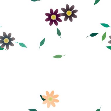 Serbest kompozisyonda yeşil yapraklı basit çiçekler, vektör illüstrasyonu