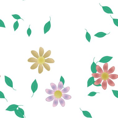 basit renkli çiçekleri olan serbest kompozisyon ve duvar kağıdı için yeşil yapraklar, vektör illüstrasyonu