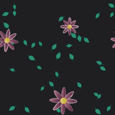 basit renkli çiçekleri olan serbest kompozisyon ve duvar kağıdı için yeşil yapraklar, vektör illüstrasyonu