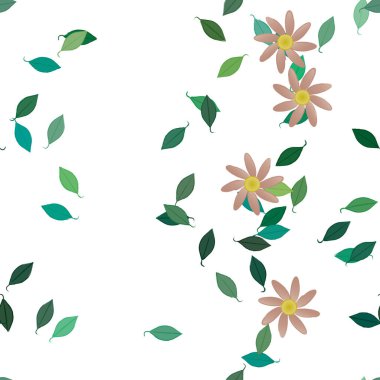 basit renkli çiçekleri olan serbest kompozisyon ve duvar kağıdı için yeşil yapraklar, vektör illüstrasyonu