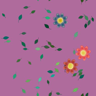 basit renkli çiçekleri olan serbest kompozisyon ve duvar kağıdı için yeşil yapraklar, vektör illüstrasyonu