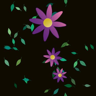 basit renkli çiçekleri olan serbest kompozisyon ve duvar kağıdı için yeşil yapraklar, vektör illüstrasyonu