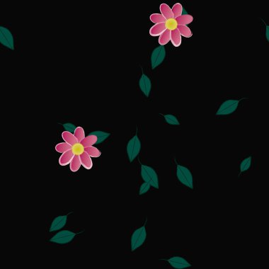 basit renkli çiçekleri olan serbest kompozisyon ve duvar kağıdı için yeşil yapraklar, vektör illüstrasyonu