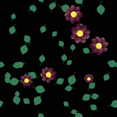 Serbest kompozisyonda yeşil yapraklı basit çiçekler, vektör illüstrasyonu