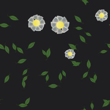 basit renkli çiçekleri olan serbest kompozisyon ve duvar kağıdı için yeşil yapraklar, vektör illüstrasyonu