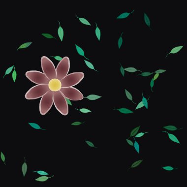 Serbest kompozisyonda yeşil yapraklı basit çiçekler, vektör illüstrasyonu