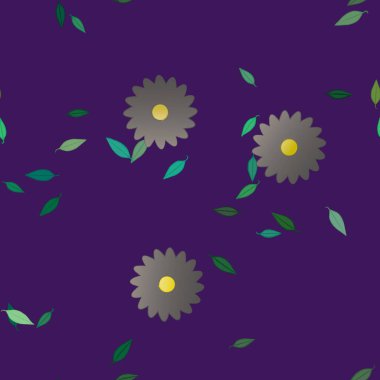 basit renkli çiçekleri olan serbest kompozisyon ve duvar kağıdı için yeşil yapraklar, vektör illüstrasyonu