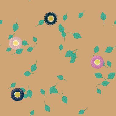 Serbest kompozisyonda yeşil yapraklı basit çiçekler, vektör illüstrasyonu